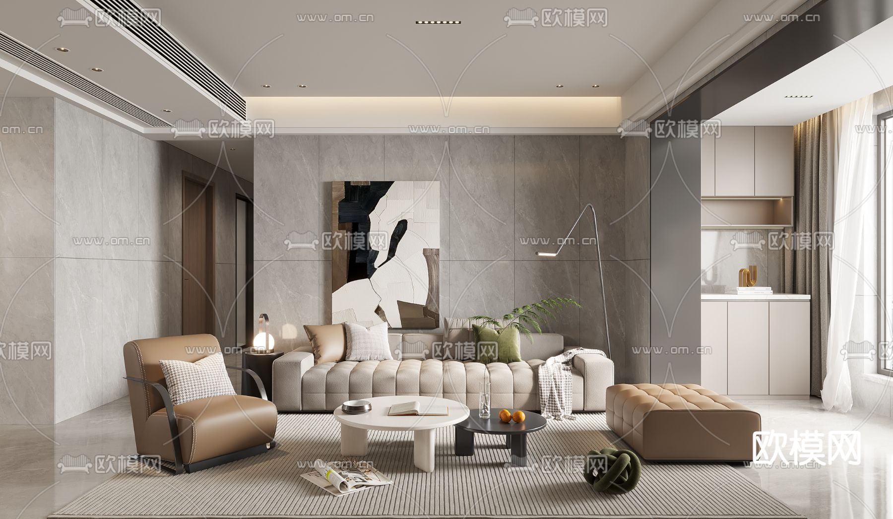 奶油风客厅 餐厅免费3d模型下载（渲染图1）