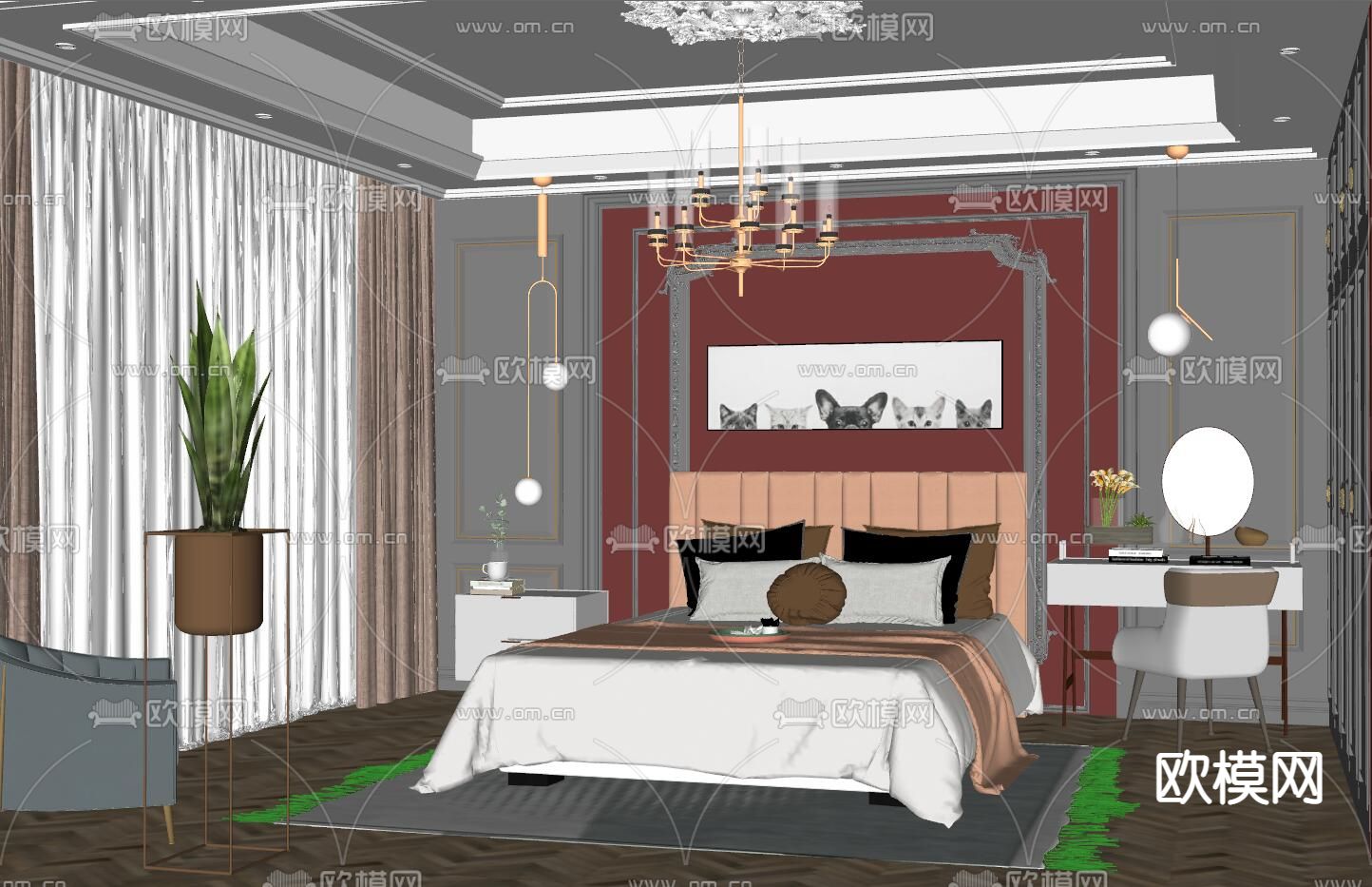 简欧卧室 主人房su模型下载（渲染图2）