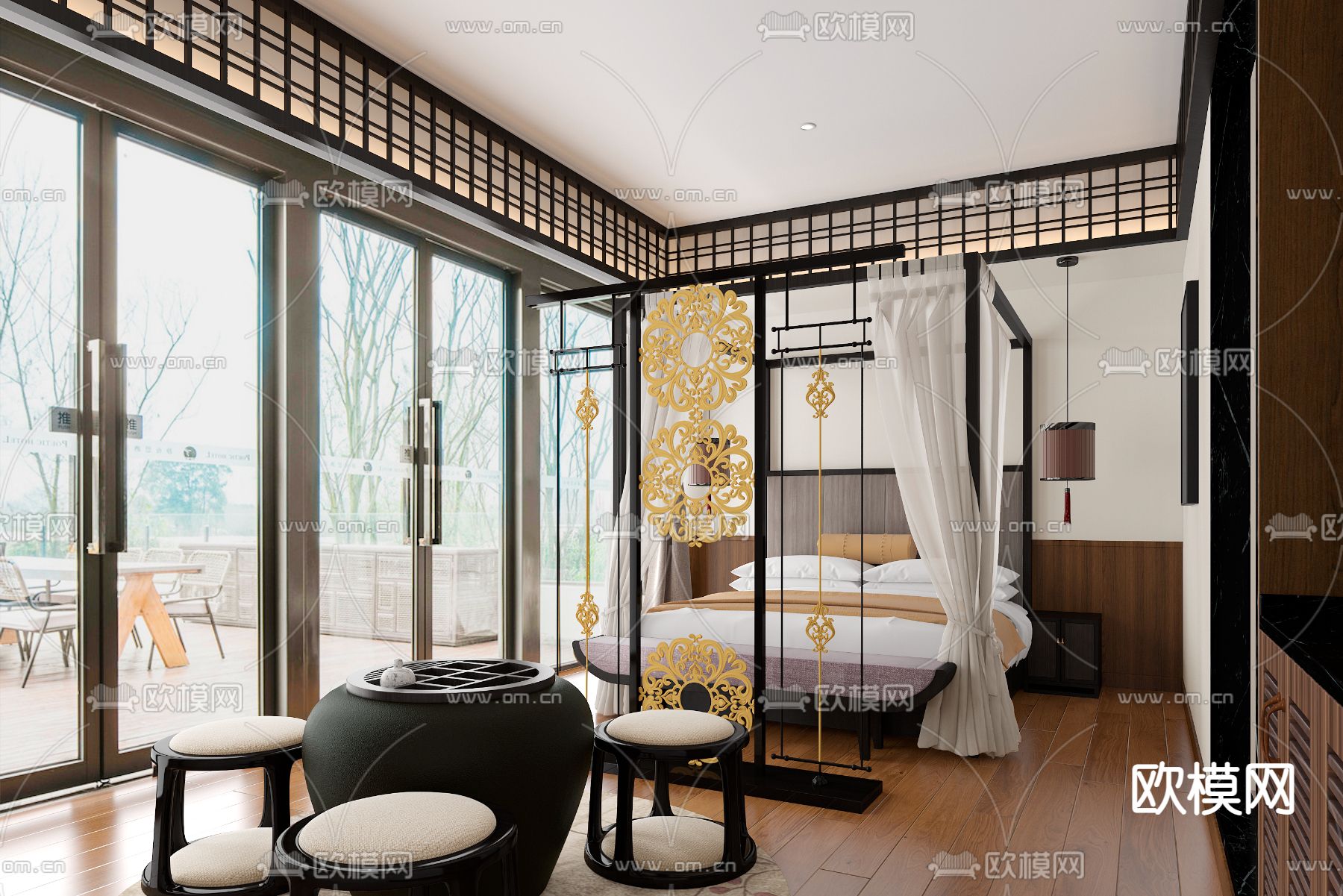 HMD设计 新中式酒店客房su模型下载