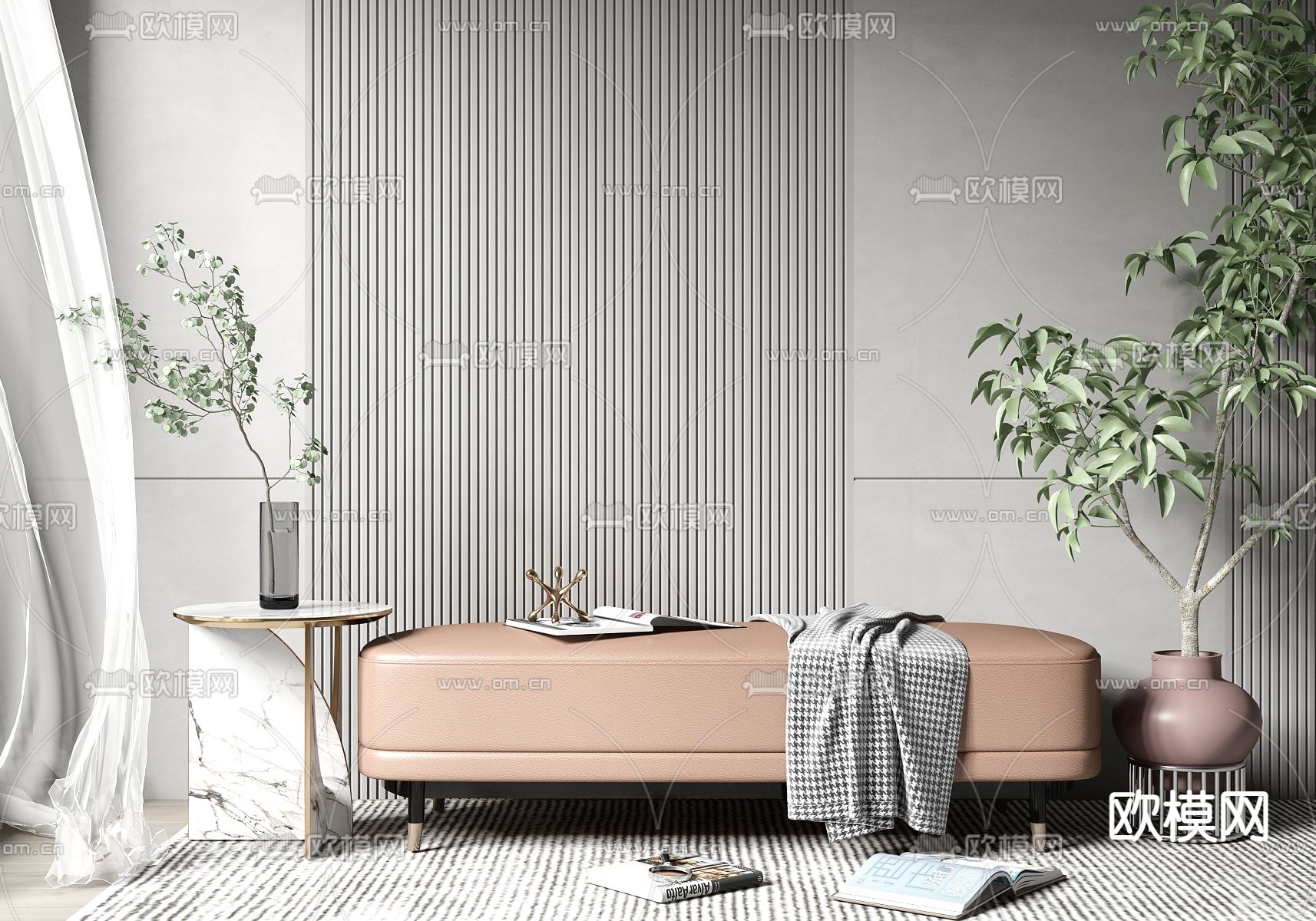 现代轻奢沙发凳su模型下载（渲染图1）