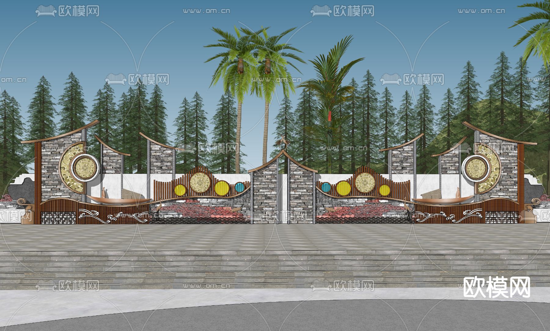 现代入口标识景墙su模型下载（渲染图1）