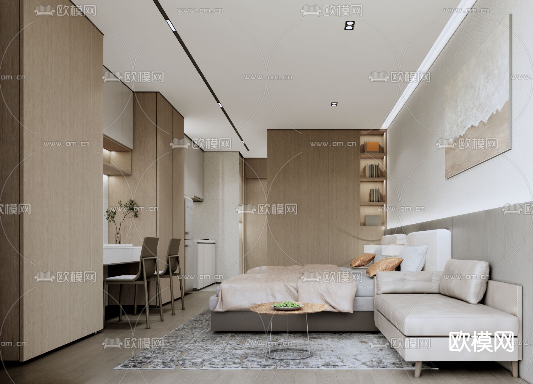 现代公寓双人间su模型下载（渲染图1）