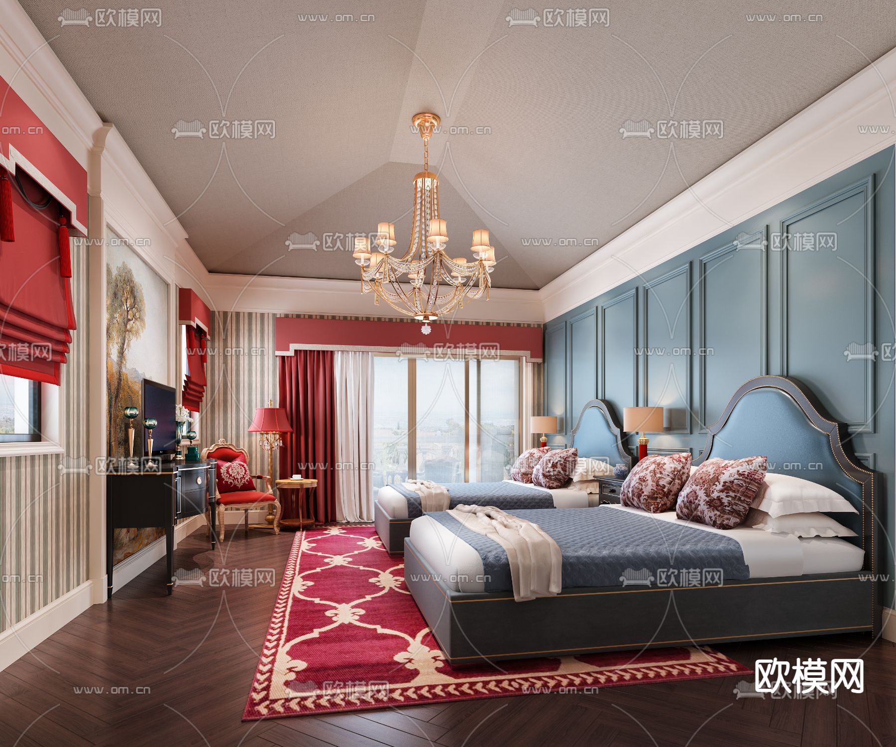 欧式卧室 双床房su模型下载（渲染图1）