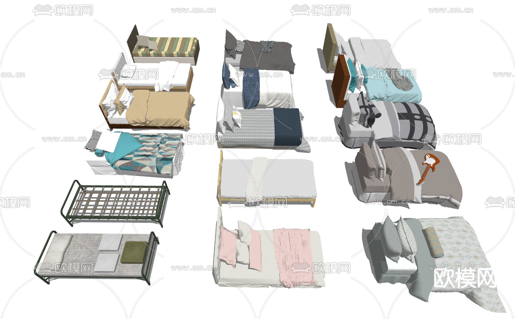 现代单人床组合su模型下载（渲染图3）