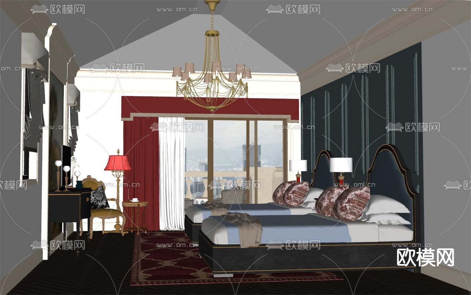 欧式卧室 双床房su模型下载（渲染图2）