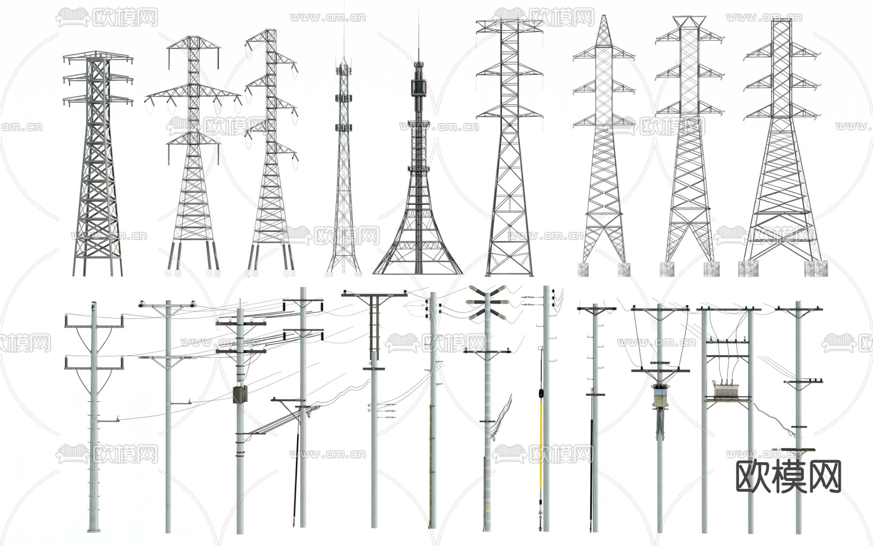 电线杆 高压线 信号塔su模型下载（渲染图2）