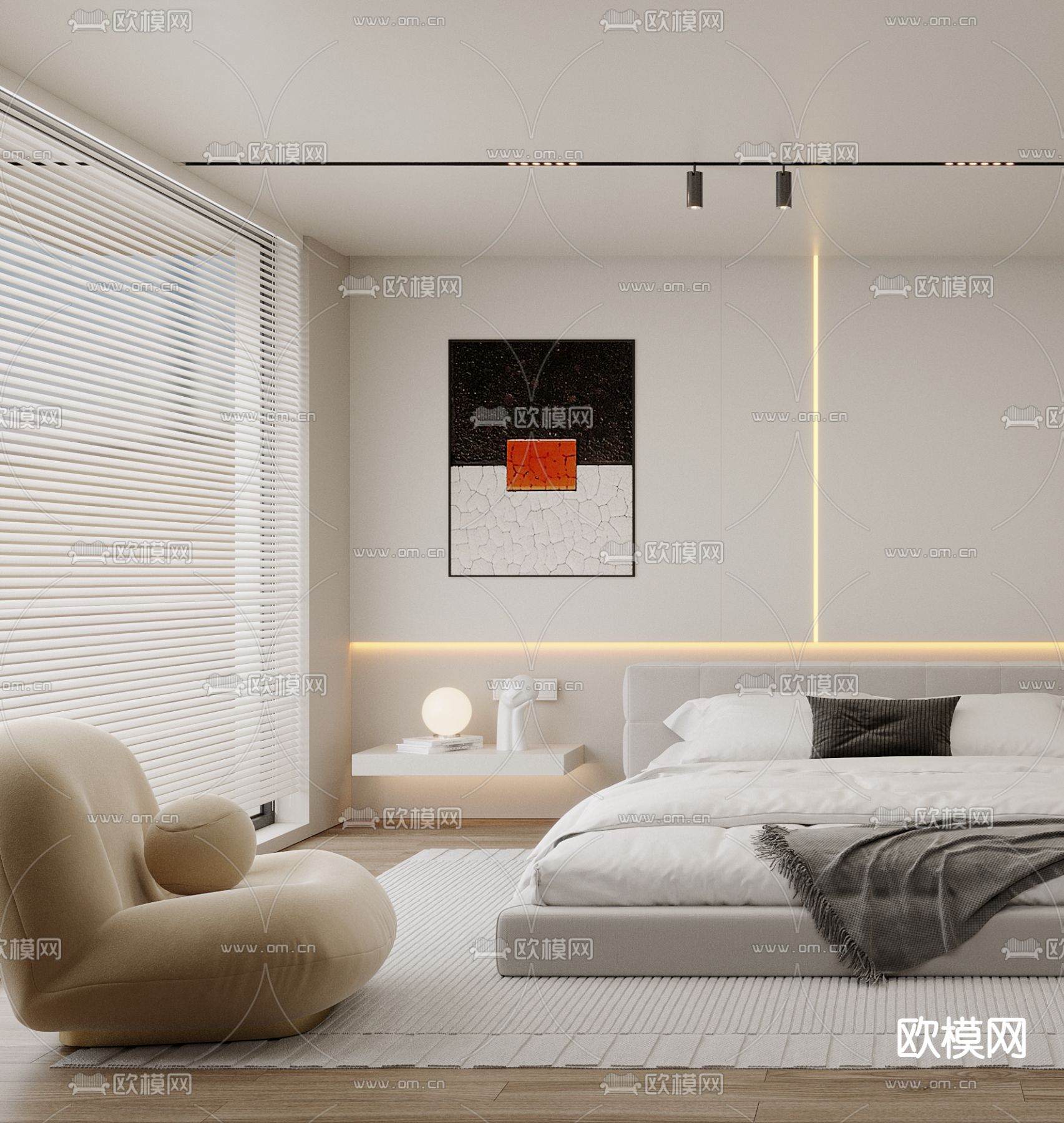 奶油风卧室 主人房3d模型下载（渲染图2）