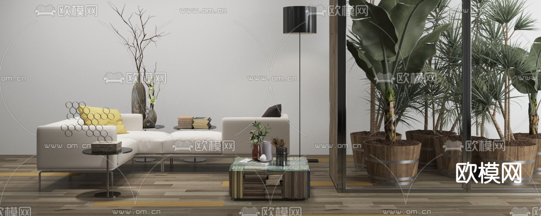 意大利Cassina品牌 现代转角多人沙发盆栽SU模型下载