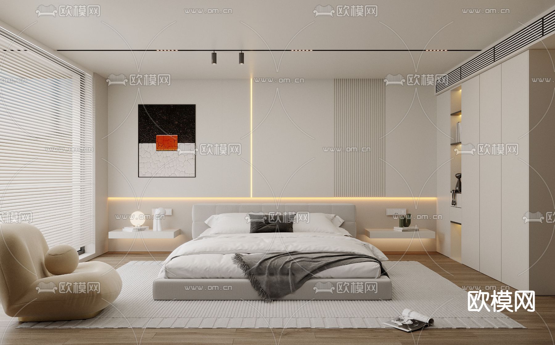 奶油风卧室 主人房3d模型下载（渲染图1）