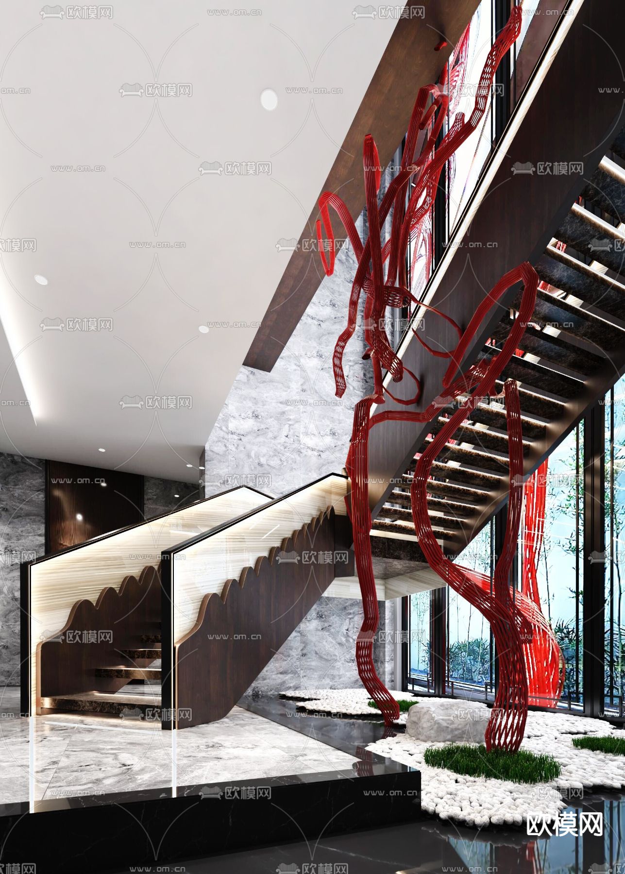 创时空设计 新中式售楼处楼梯过道su模型下载