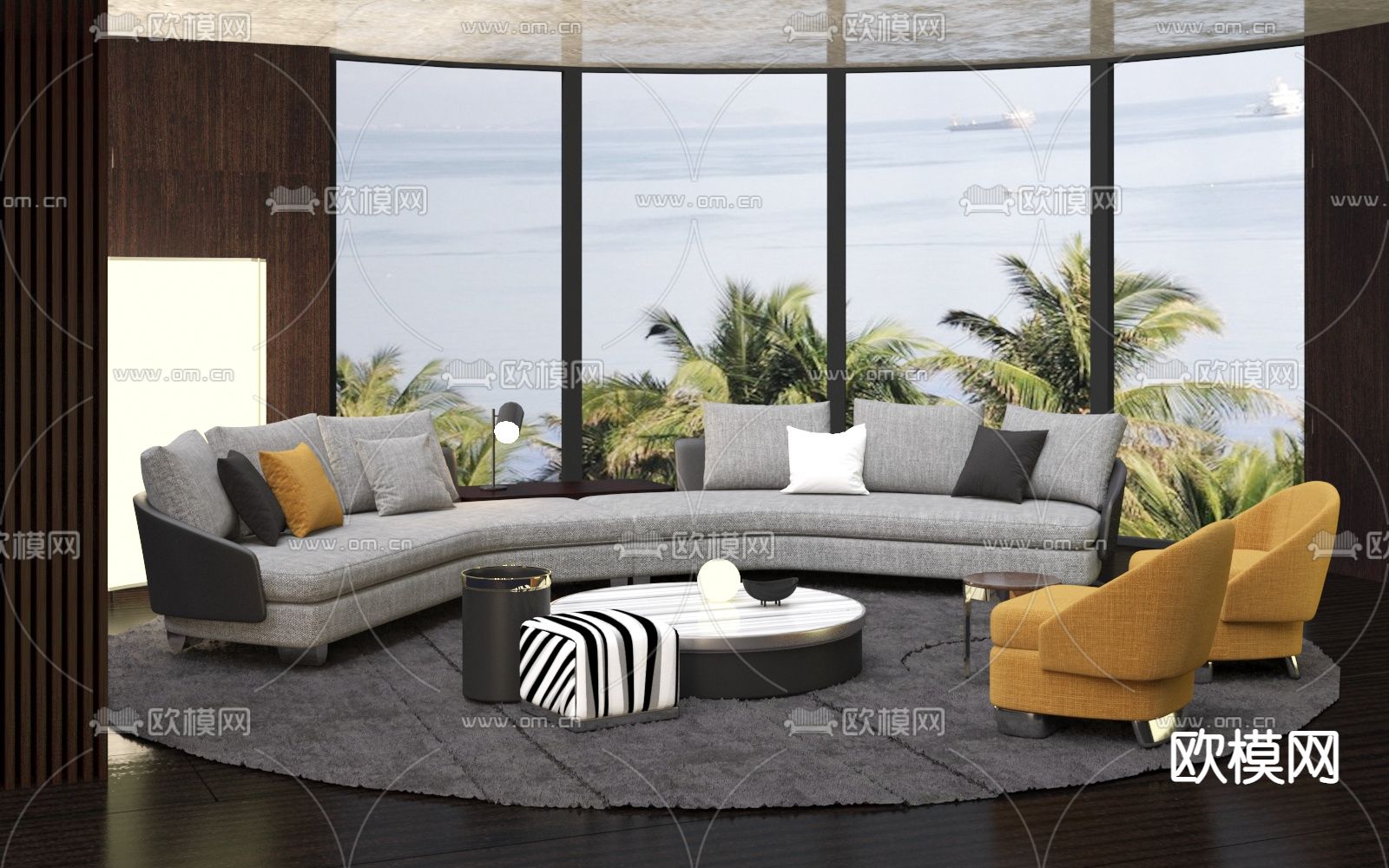 意大利Minotti品牌 现代弧形布艺沙发组合SU模型下载