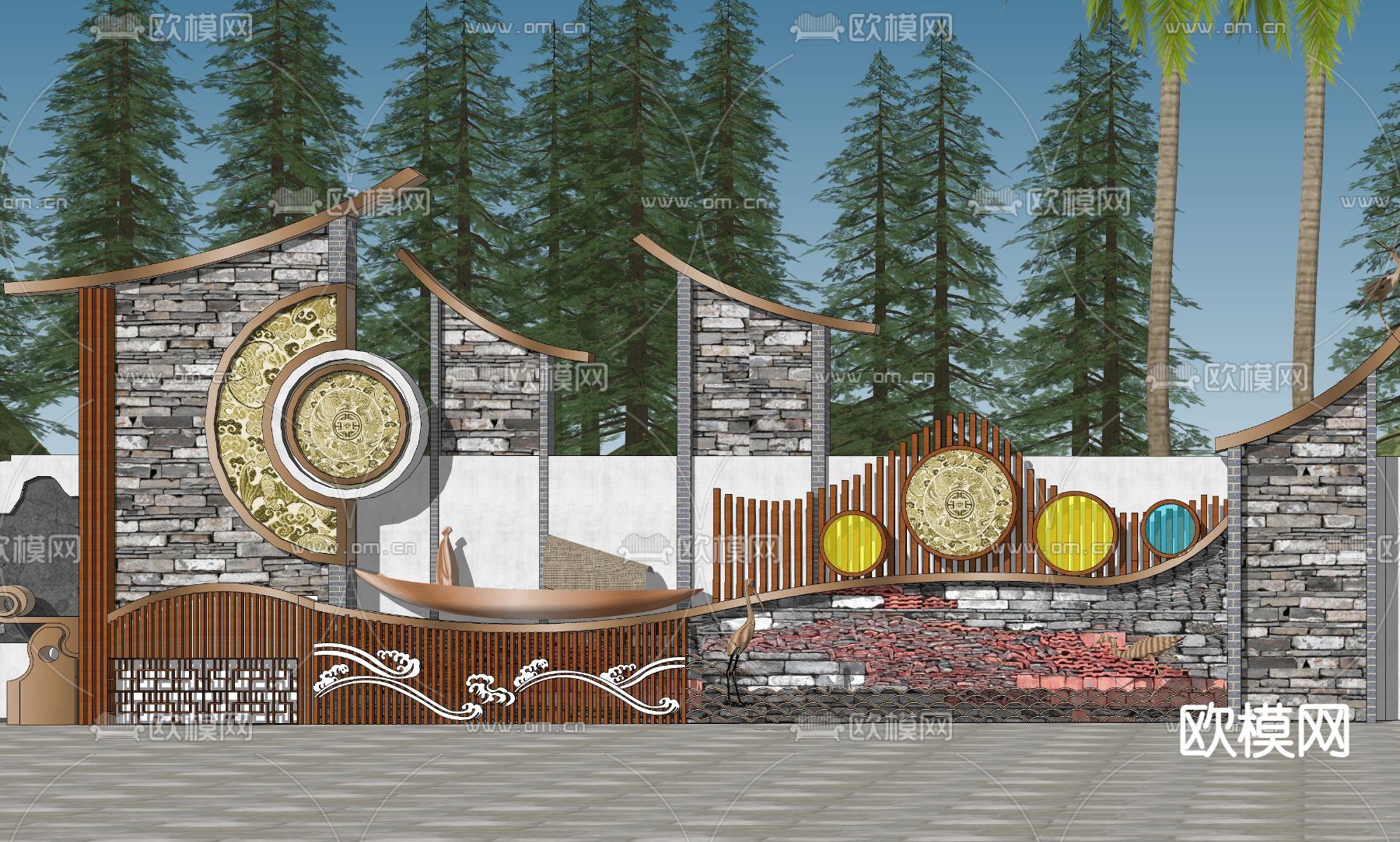 现代入口标识景墙su模型下载（渲染图2）