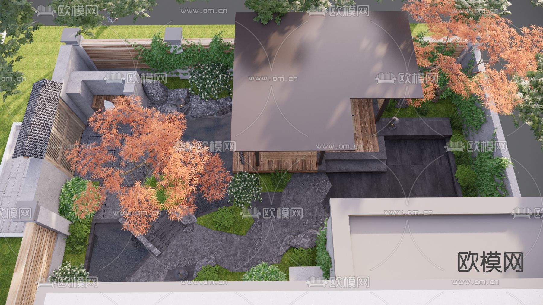 新中式庭院花园 休闲阳台su模型下载（渲染图3）