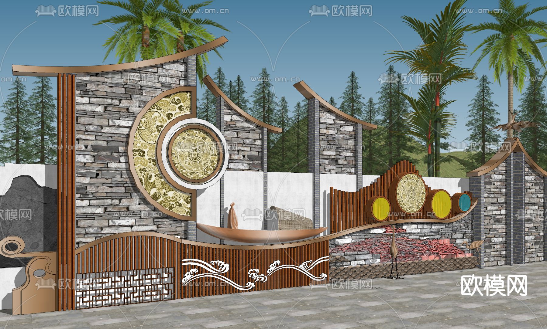 现代入口标识景墙su模型下载（渲染图3）