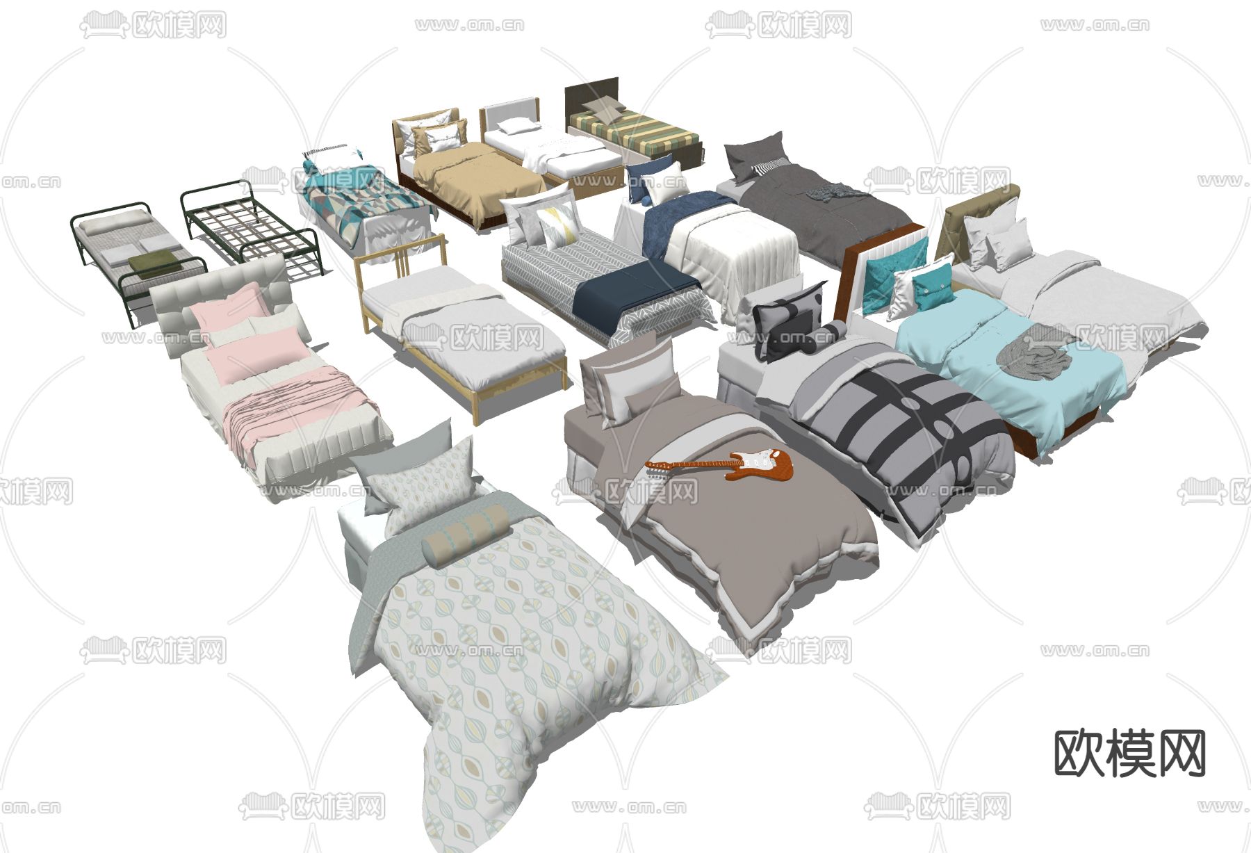 现代单人床组合su模型下载（渲染图2）