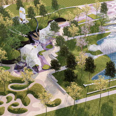  公园景观 鸟瞰规划su模型 