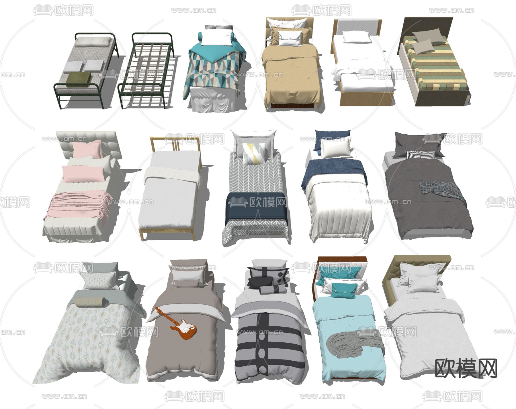 现代单人床组合su模型下载（渲染图1）