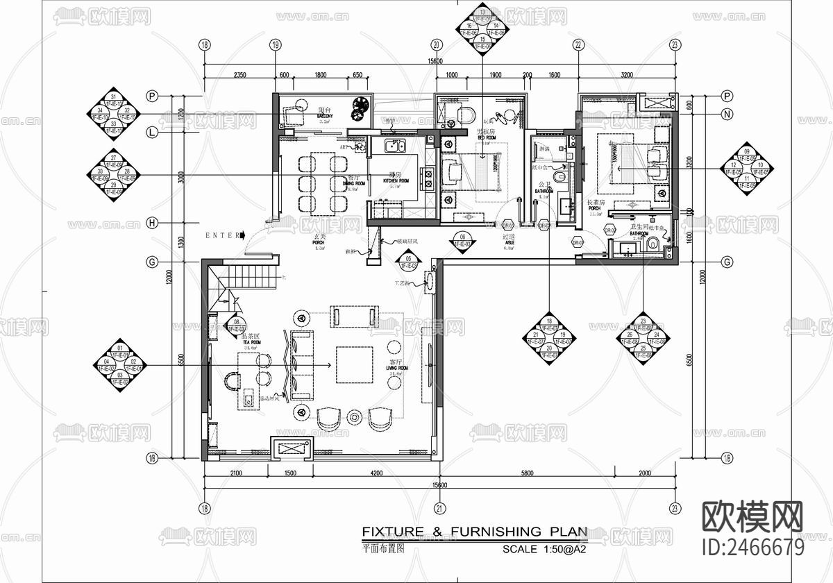 新中式复式两层家装CAD施工图下载（渲染图1）