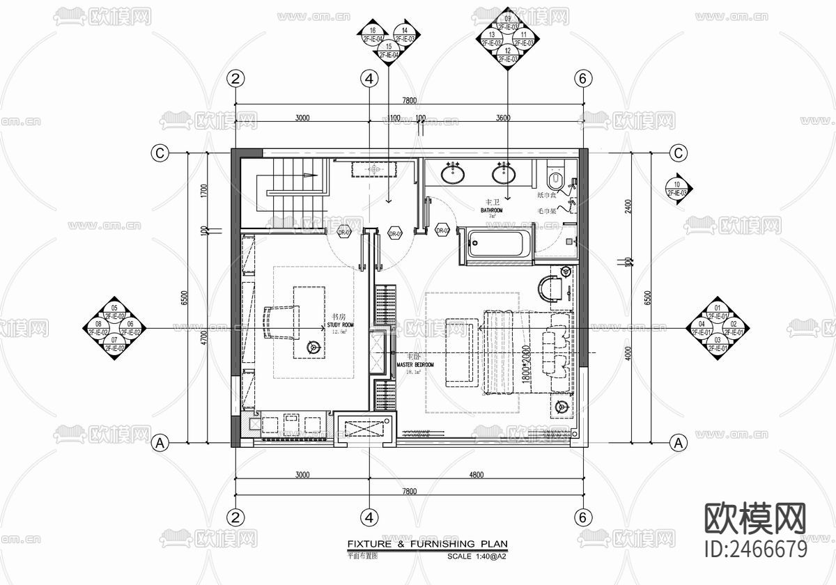 新中式复式两层家装CAD施工图下载（渲染图2）