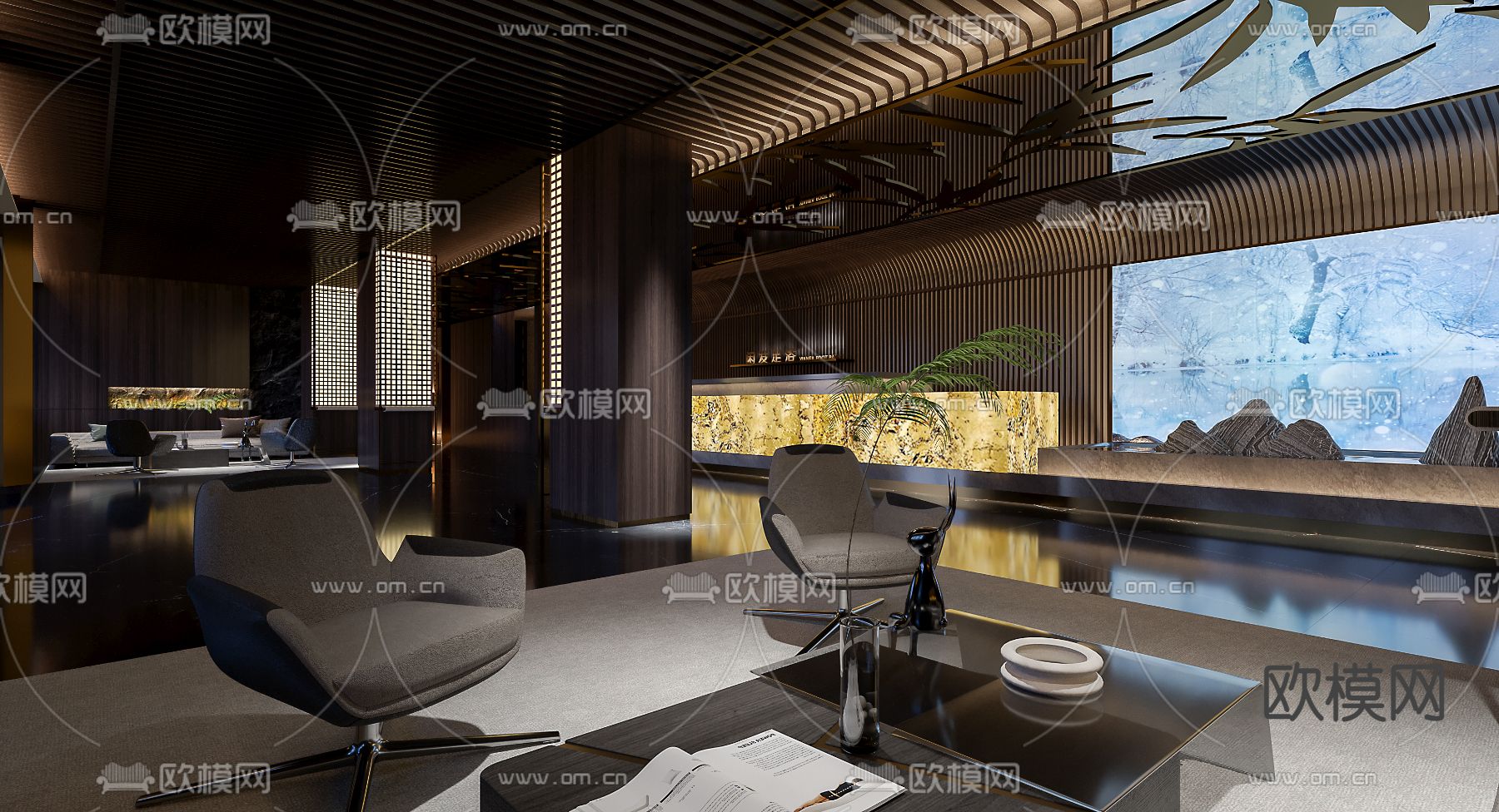 新中式沐足阁 足浴大堂3d模型下载（渲染图1）