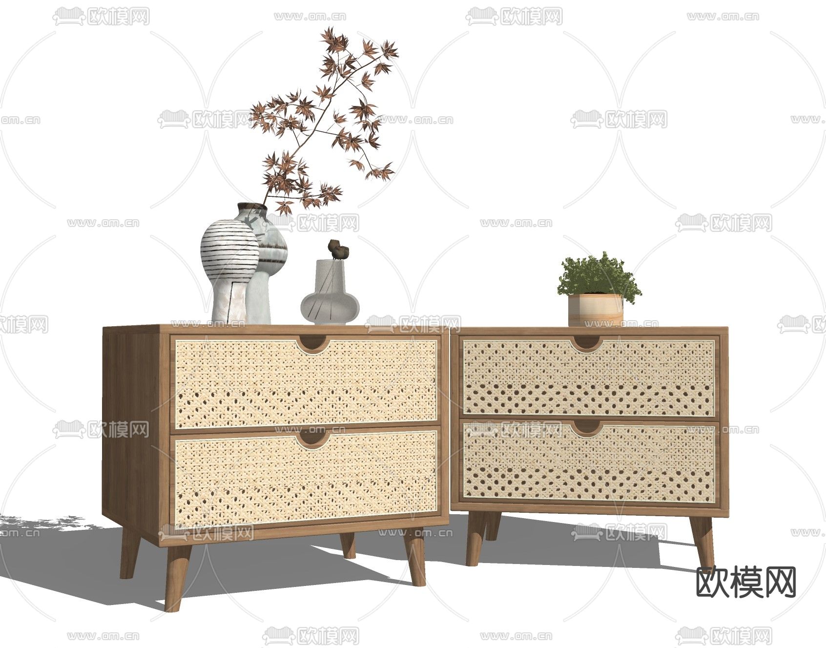 侘寂风藤编床头柜su模型下载