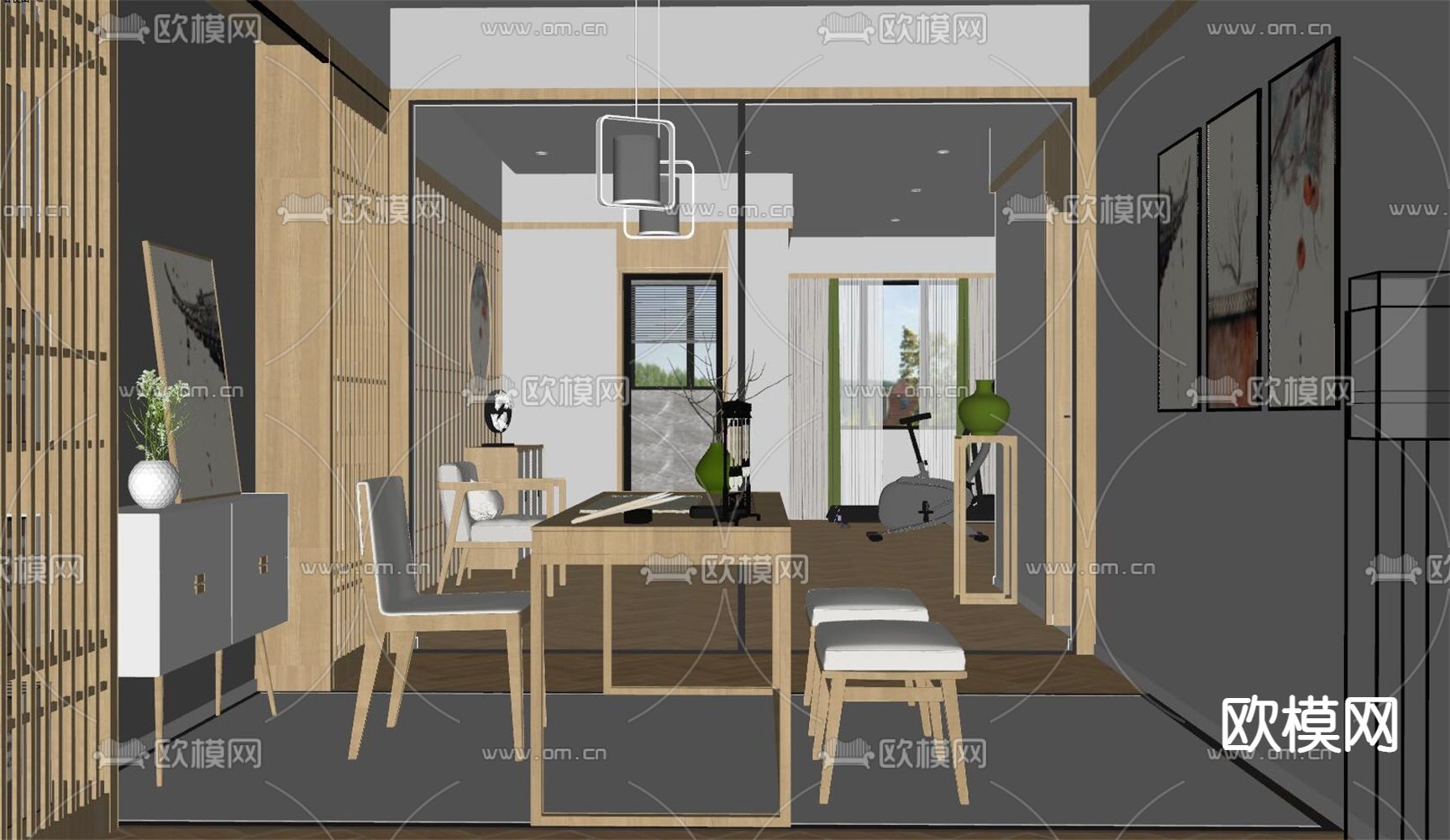 新中式书房su模型下载（渲染图2）