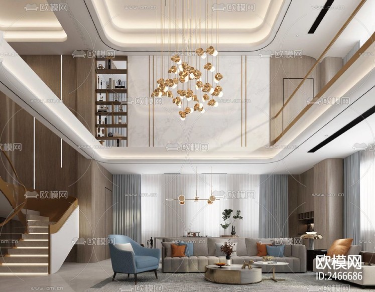 700㎡两层复式豪宅CAD施工图下载(渲染图1)