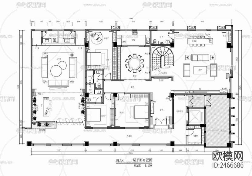 700㎡两层复式豪宅CAD施工图下载(渲染图9)