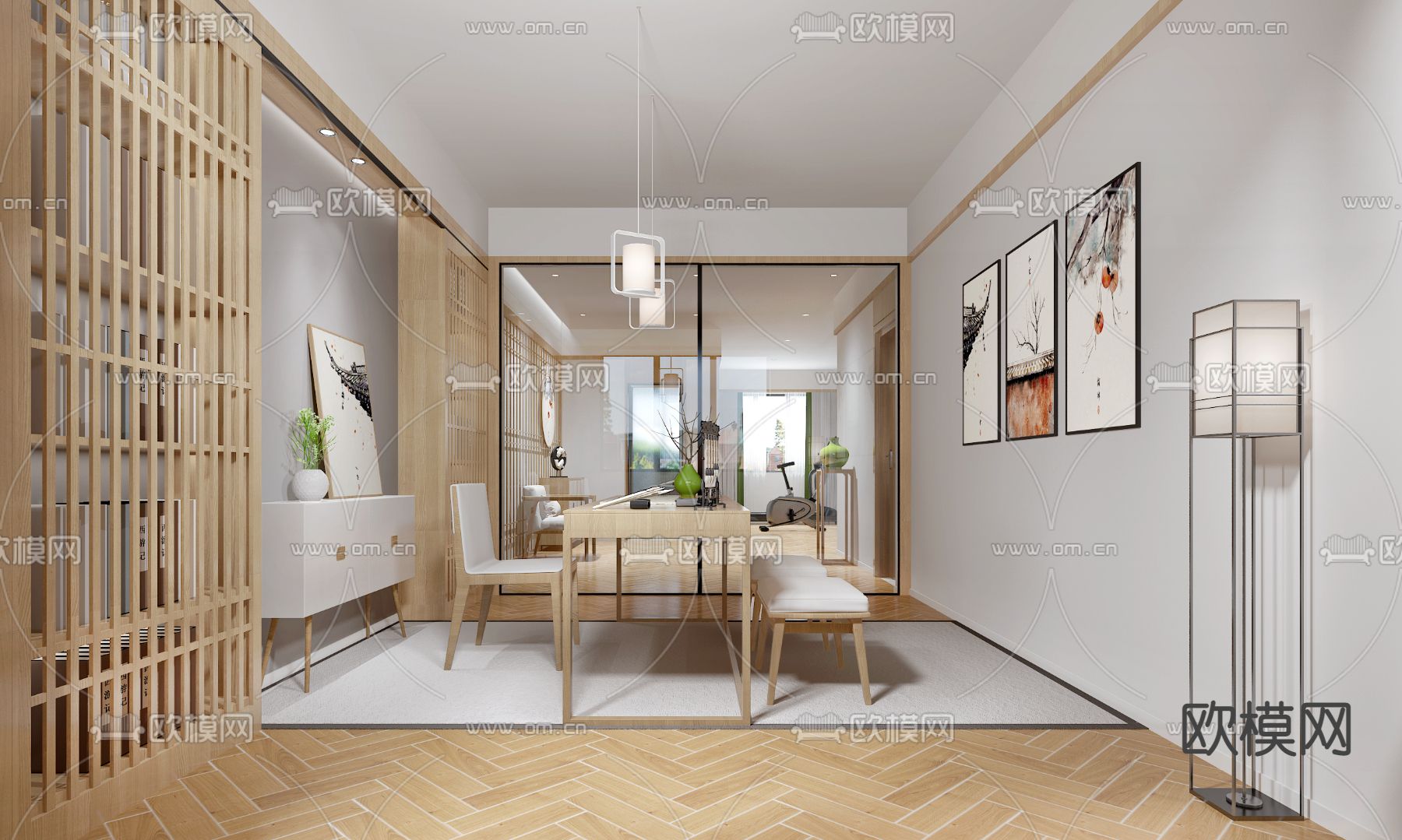 新中式书房su模型下载（渲染图1）