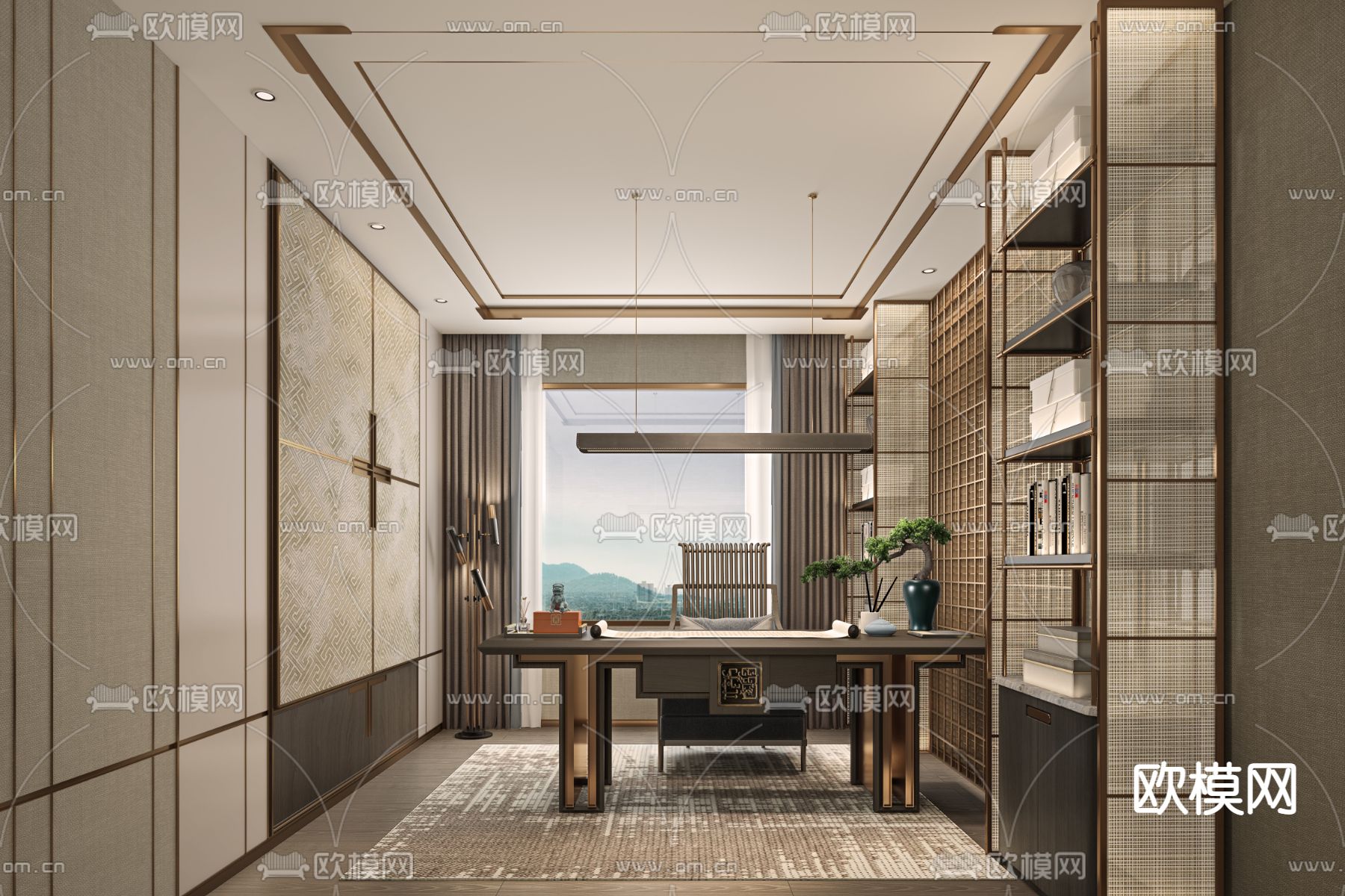 新中式书房su模型下载（渲染图1）