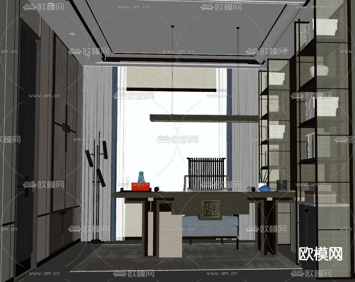 新中式书房su模型下载（渲染图2）