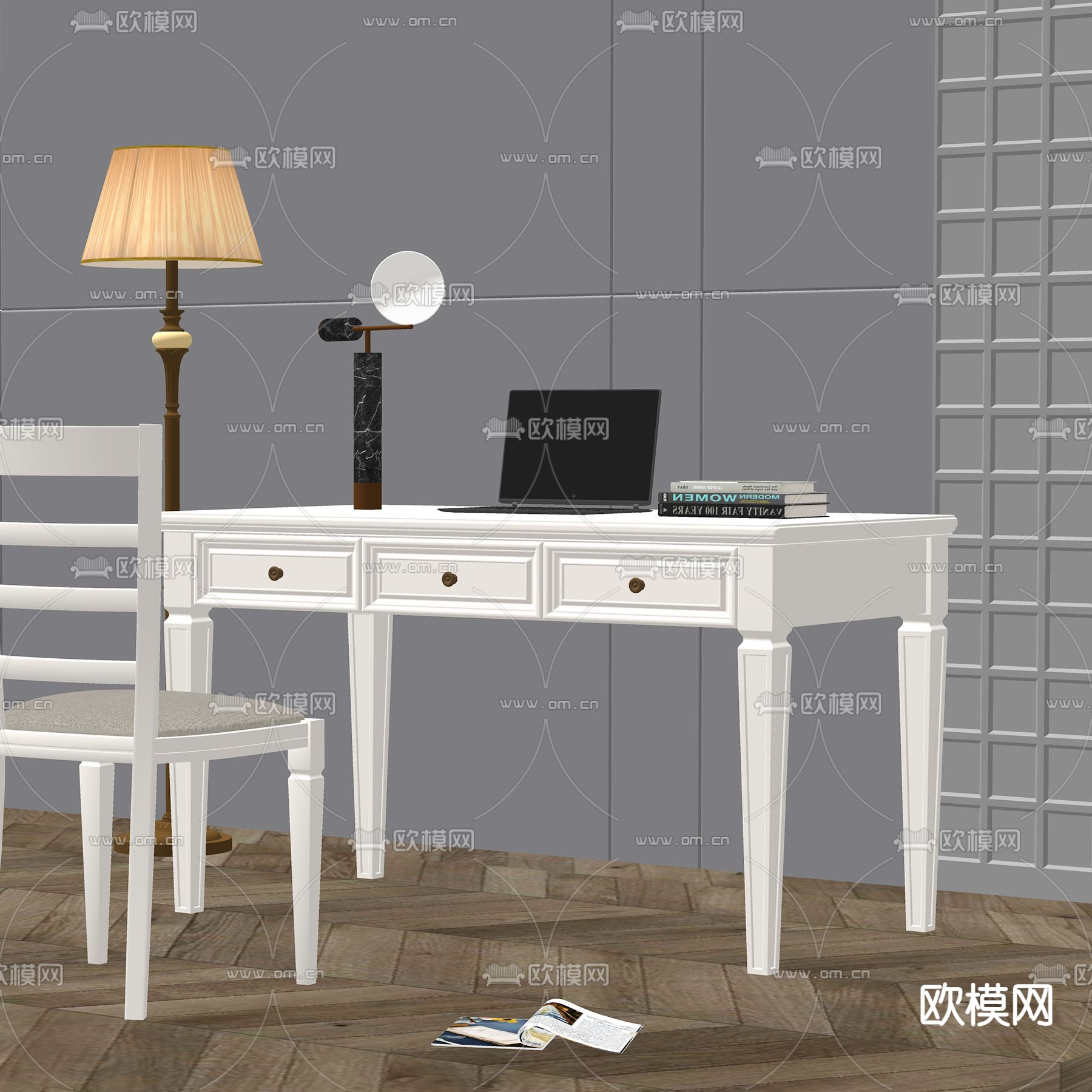 美式书桌椅su模型下载（渲染图2）