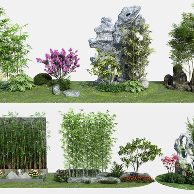  新中式竹子山石 景观小品su模型 
