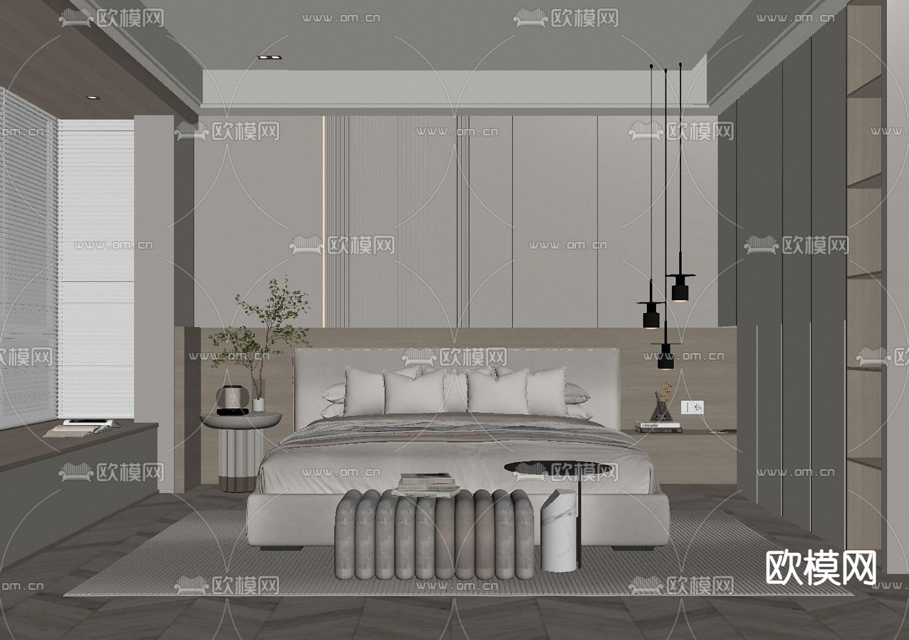 奶油风卧室 主人房su模型下载（渲染图2）