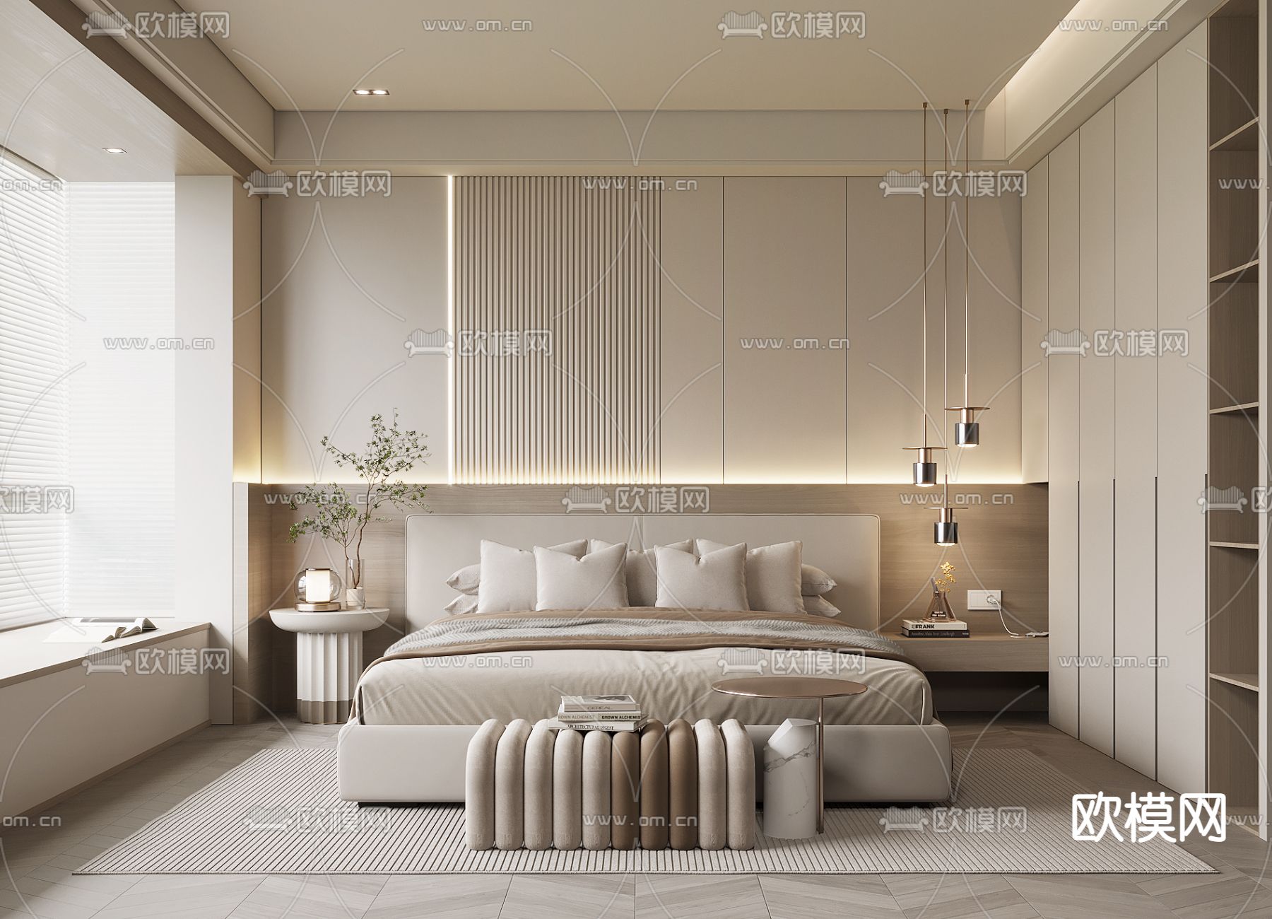 奶油风卧室 主人房su模型下载（渲染图1）