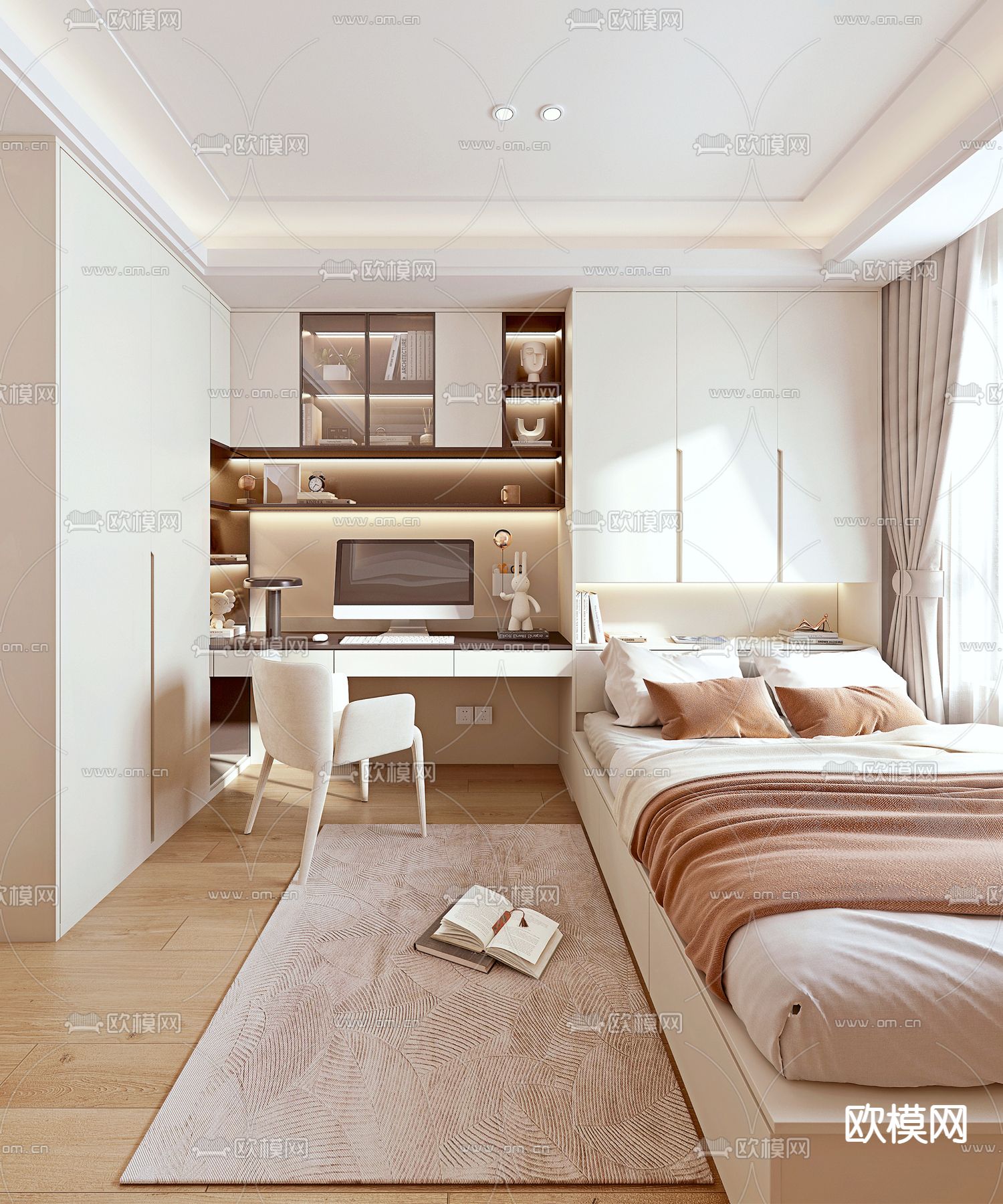 奶油风榻榻米卧室3d模型下载