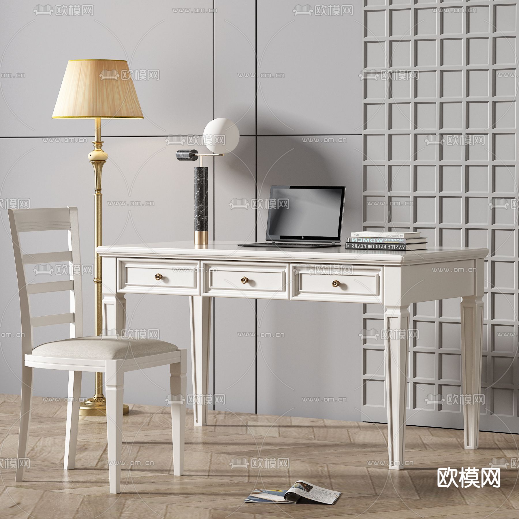 美式书桌椅su模型下载（渲染图1）