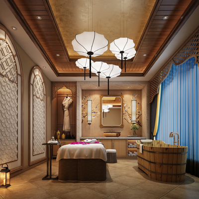  新中式SPA护理房 按摩店su模型 