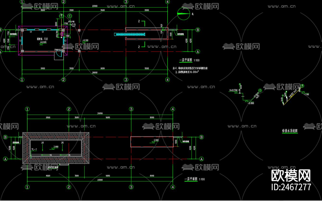 龙井新苑小区大门给排水CAD施工图下载（渲染图3）