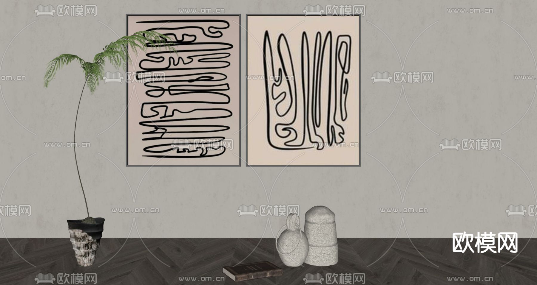 侘寂风抽象装饰画 挂画su模型下载（渲染图2）