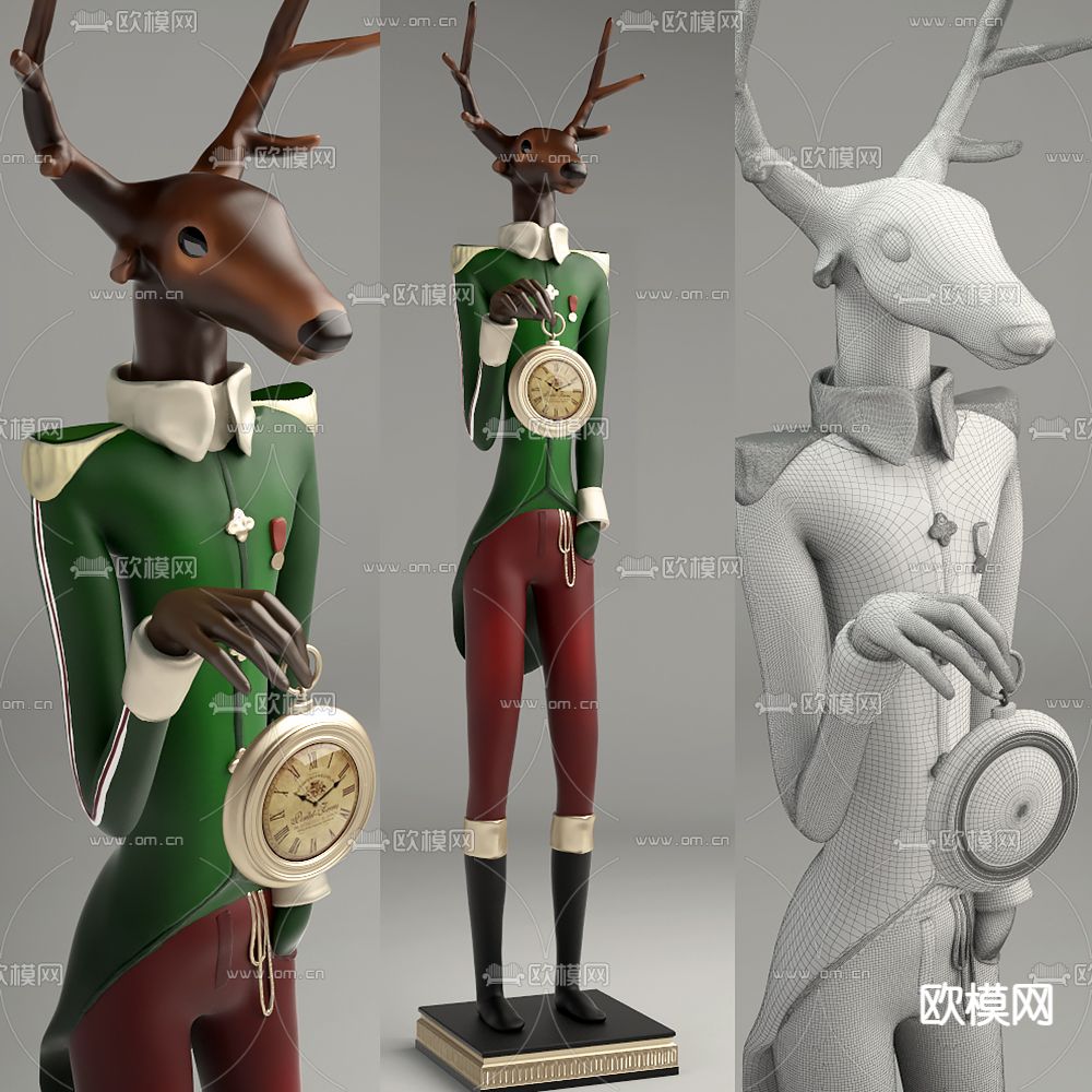 欧式制服鹿雕塑 摆件su模型下载（渲染图1）