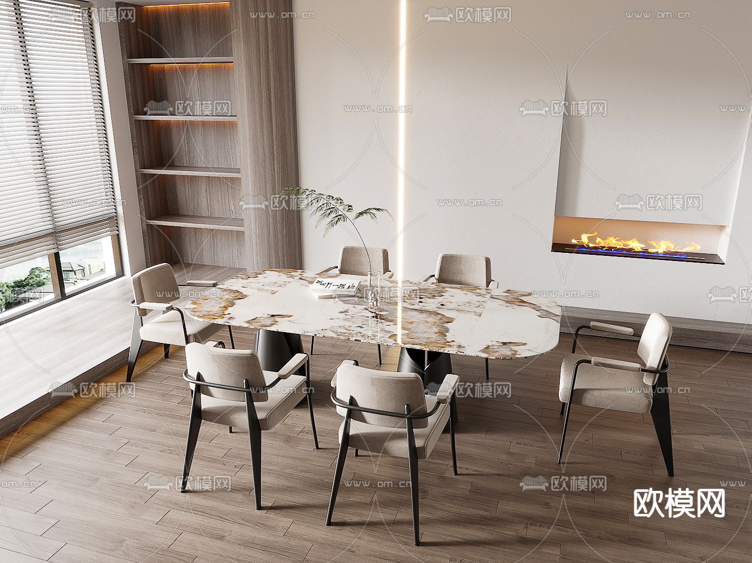 大理石条形餐桌椅3d模型下载