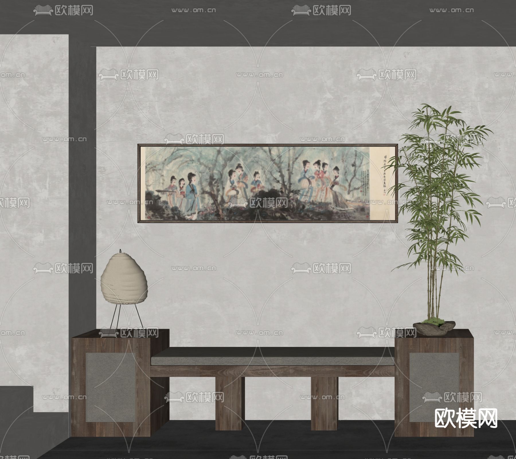 新中式人物装饰画 挂画su模型下载（渲染图2）