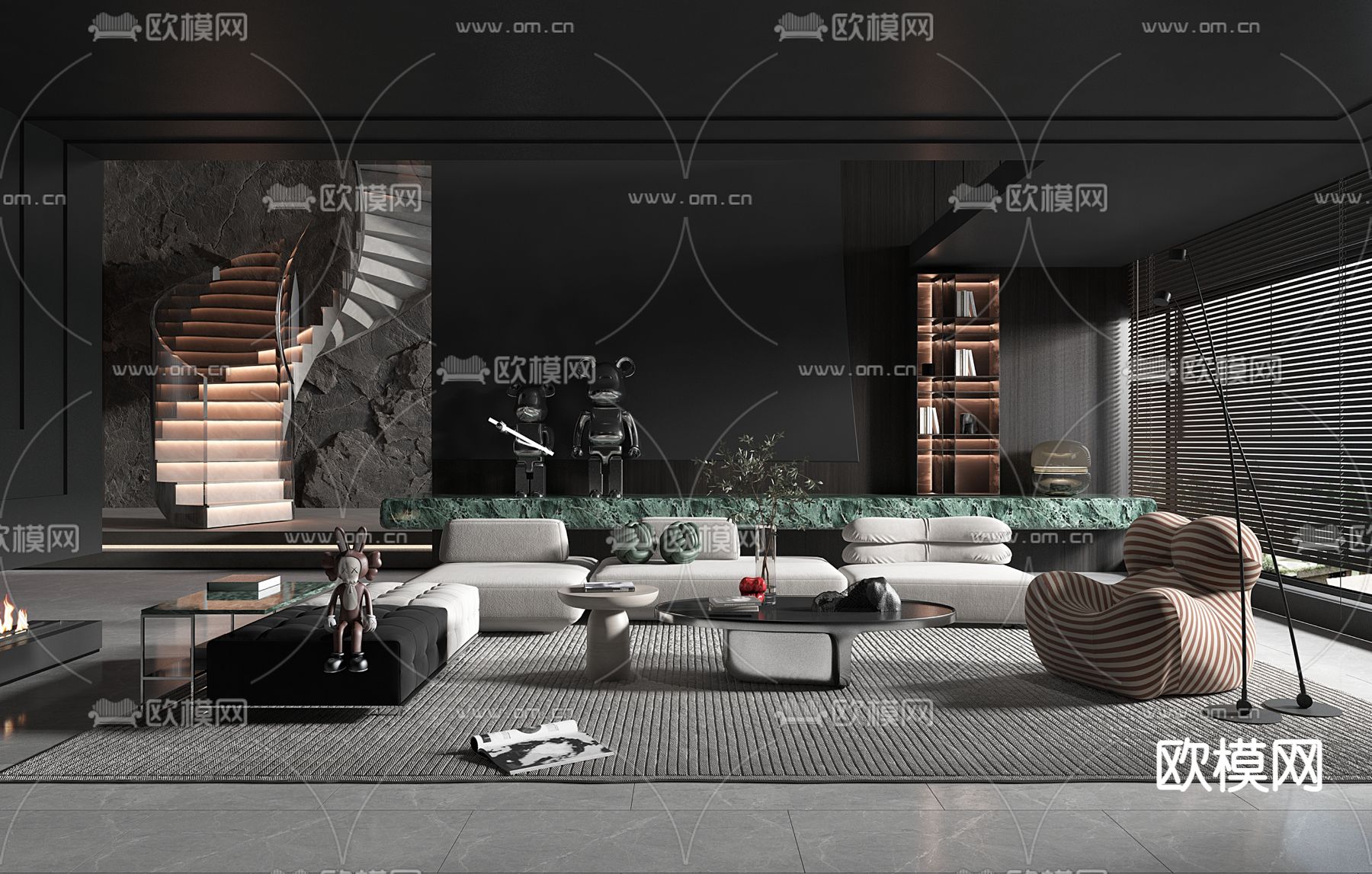 暗黑风客厅3d模型下载（渲染图1）
