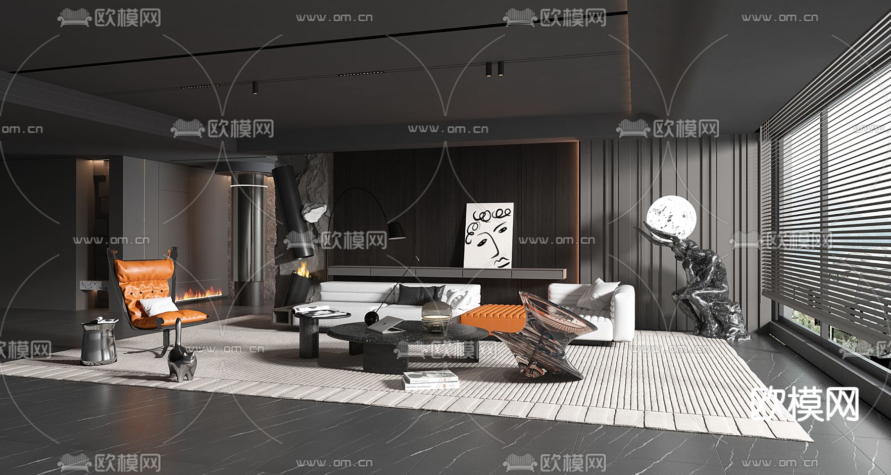 暗黑风客厅3d模型下载（渲染图2）