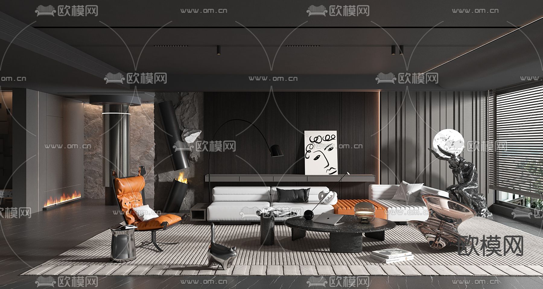 暗黑风客厅3d模型下载（渲染图1）