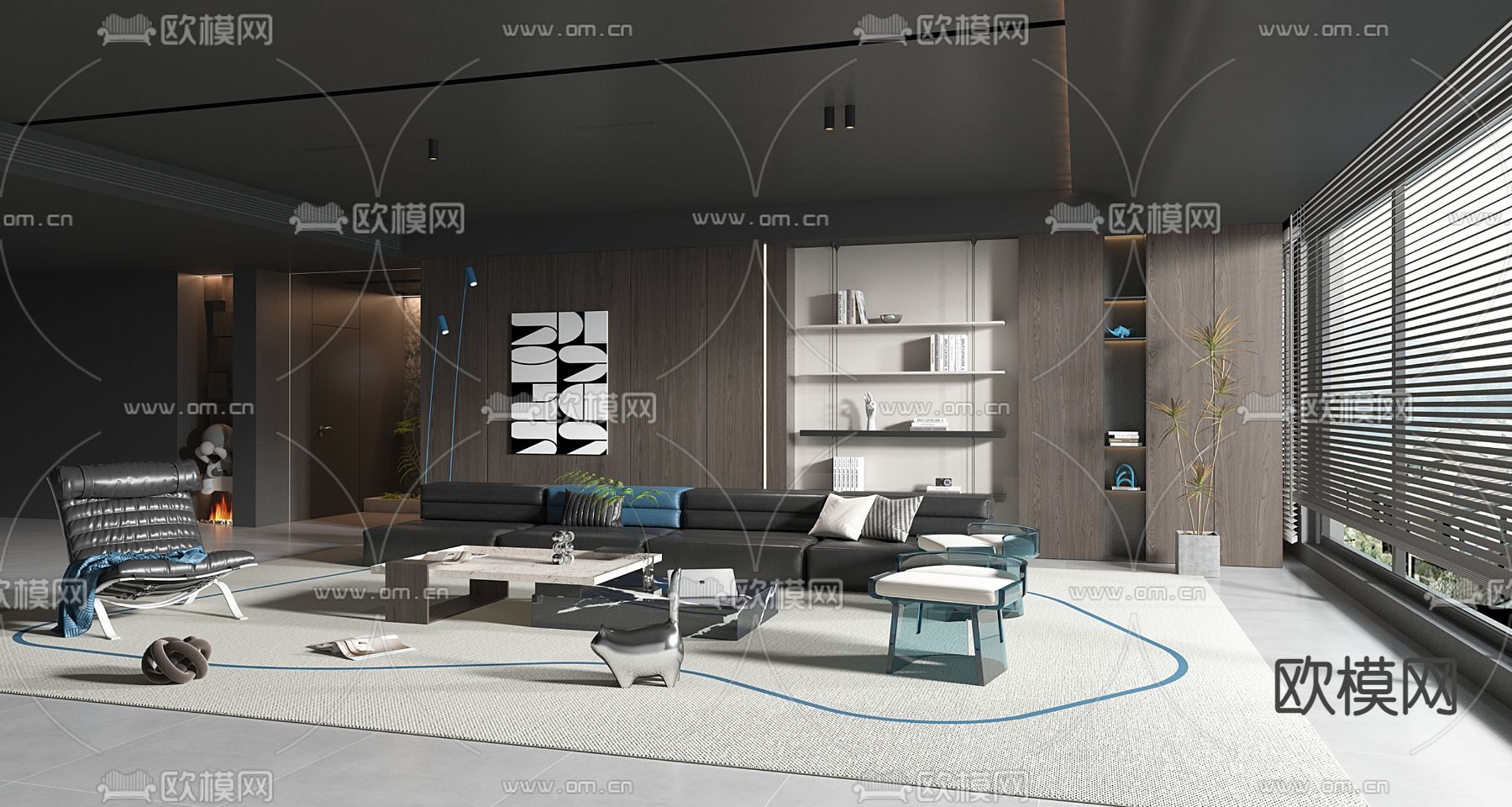 暗黑风客厅3d模型下载（渲染图2）