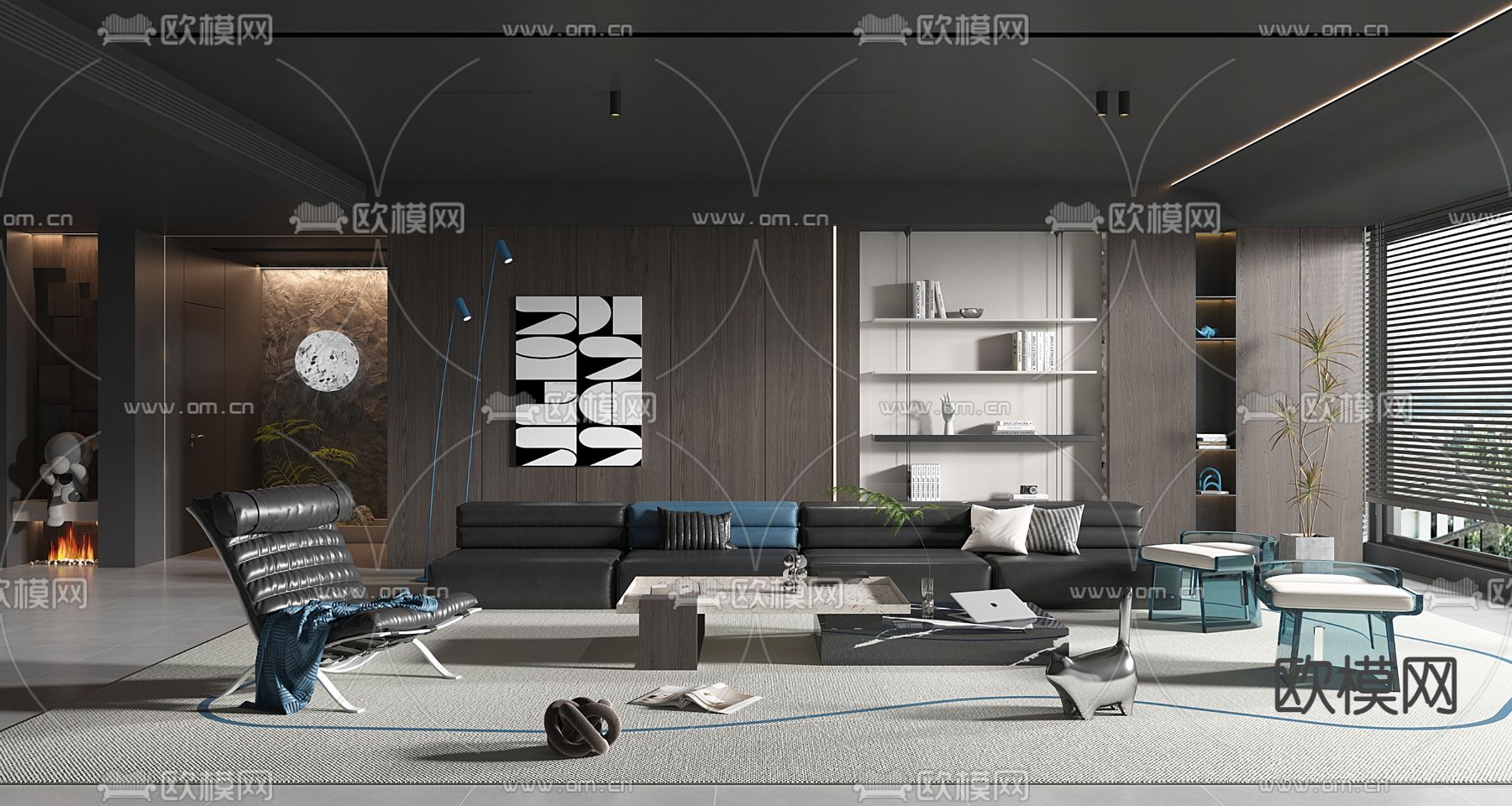 暗黑风客厅3d模型下载（渲染图1）