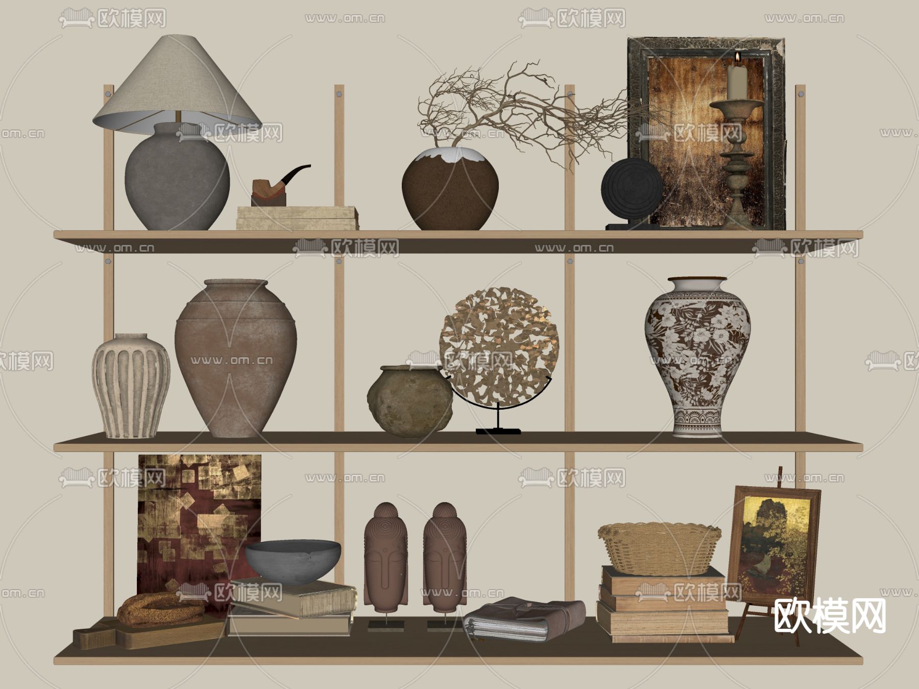 侘寂风陶罐 书籍 雕塑 摆件su模型下载（渲染图2）