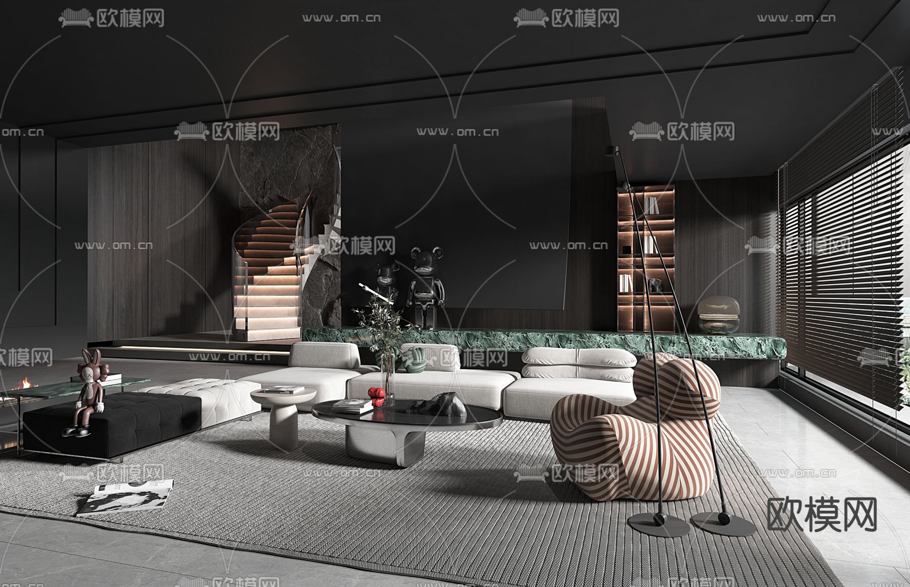 暗黑风客厅3d模型下载（渲染图2）